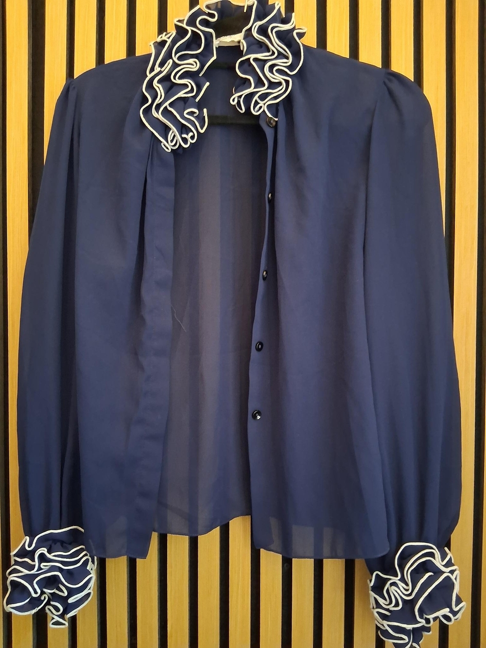 Navy Ruffle Collar & Cuff Blouse Jacket Vintage